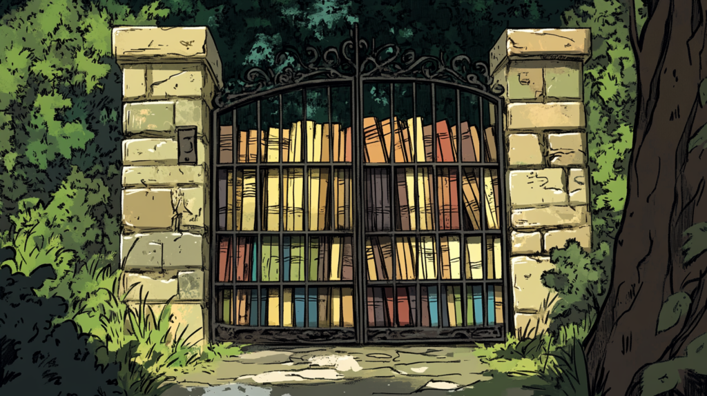 A cartoon of books behind an outdoor gate