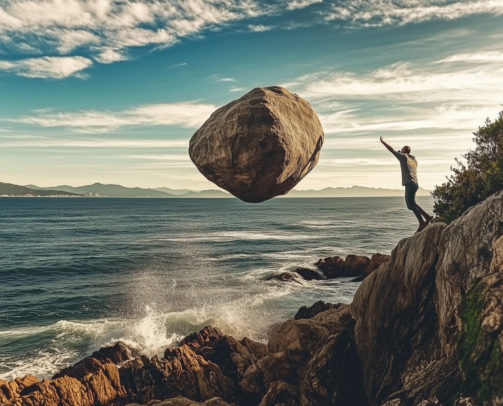 a man throwing a boulder into the ocean